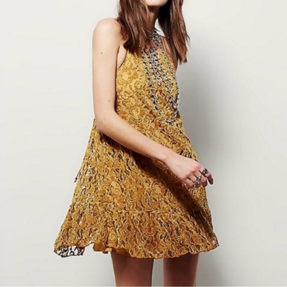 Free People Mustard Lace Line Halter Mini Dress - Picture 1 of 11